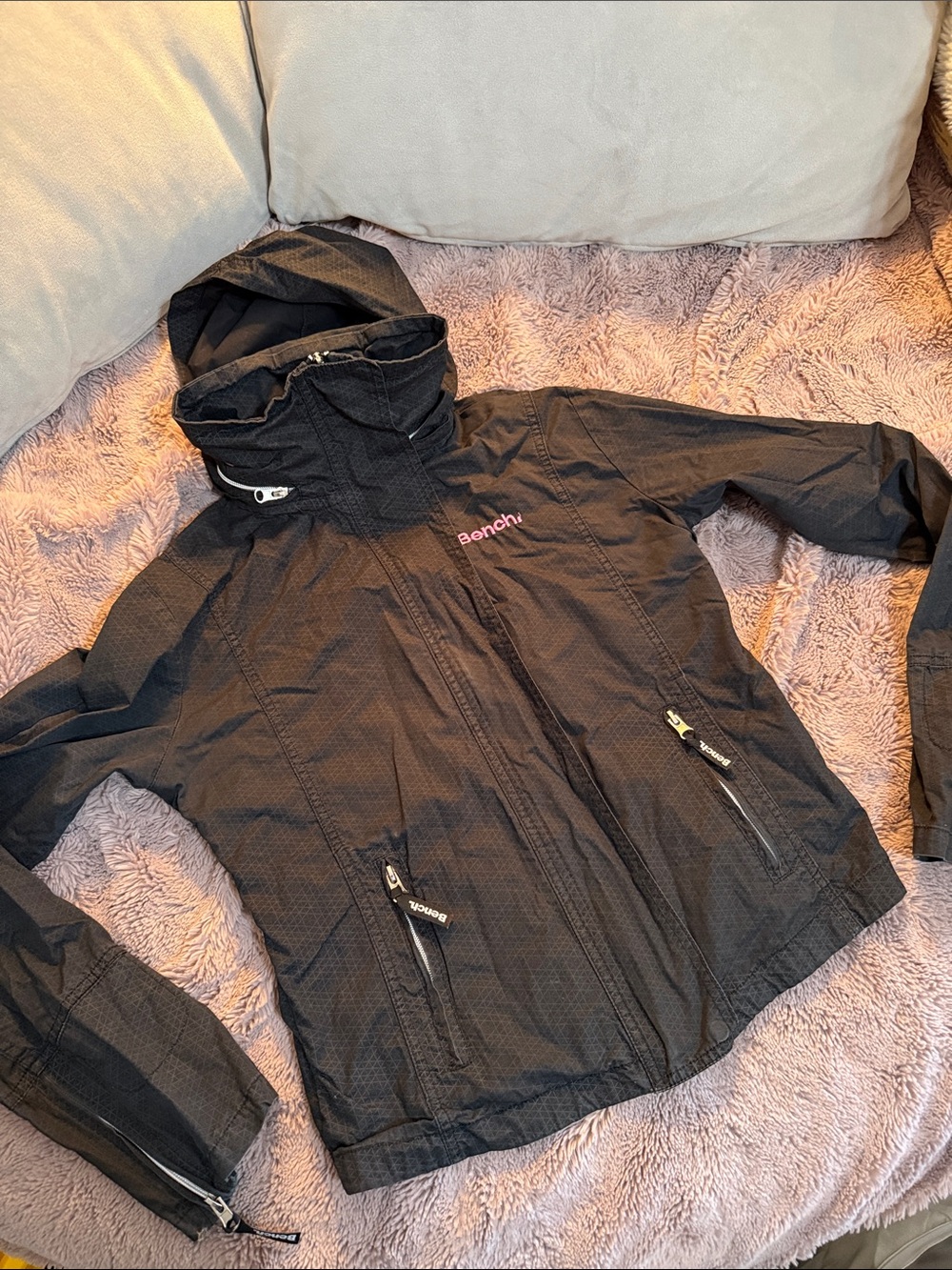 Bench Kids Black Hooded Jacket with Pink Logo